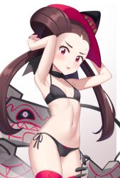 1girl armpits bare_arms bikini black_bikini black_choker black_headwear blush breasts brown_hair choker closed_mouth cowboy_shot earrings eyelashes gazing_eye gen_8_pokemon gradient_background hair_rings hands_up hat highres jewelry long_hair looking_at_viewer mixed-language_commentary navel nintendo official_alternate_costume pink_eyes pokemon pokemon_(creature) pokemon_masters_ex roxanne_(fall_2023)_(pokemon) roxanne_(pokemon) runerigus side-tie_bikini_bottom small_breasts smile swimsuit toned tongue tongue_out twintails witch_hat