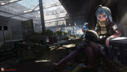 1girl ahoge ammunition ammunition_box bandaged_wrist bandages black_pantyhose black_skirt blue_eyes box brown_shoes bulletproof_vest can canned_food escape_from_tarkov explosive female_focus grenade grey_hair gun helmet highres holding holding_can indoors knee_pads knees_together_feet_apart licking_lips light_machine_gun loafers lolipantherwww long_hair machine_gun magazine_(weapon) open_can pantyhose pleated_skirt rpk rpk-16 sandbag shirt shoes short_sleeves skirt solo striped_clothes striped_headwear striped_skirt tongue tongue_out vertical-striped_clothes vertical-striped_headwear weapon white_shirt