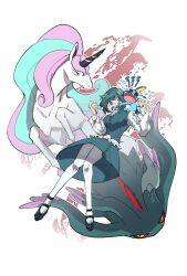 &gt;_&lt; 1girl 9je9p blue_shoes blue_skirt colored_sclera commentary_request crossover crying flutter_mane frilled_shirt frilled_sleeves frills fukurai_azami full_body galarian_form galarian_rapidash gen_8_pokemon hands_up highres horns long_sleeves looking_at_viewer nintendo open_mouth pantyhose pokemon pokemon_(creature) red_sclera shirt shoes short_hair single_horn skirt smile sobble tears toshi_densetsu_kaitai_center unicorn white_pantyhose white_shirt yellow_eyes