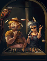 1boy 1girl :d american_ringo amibazh animal_ears arm_behind_back bare_arms beard belly blonde_hair blue_dress blue_hair closed_eyes closed_mouth commentary_request cooking curtains dress facial_hair floppy_ears food genderswap genderswap_(ftm) hand_up hat holding indoors long_hair meme navel open_mouth orange_shirt parody pectorals rabbit_ears ringo_(touhou) salt salt_bae_(meme) seiran_(touhou) shirt short_hair short_sleeves smile standing stomach sunglasses teeth touhou undersized_clothes upper_body |d