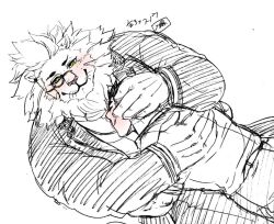 2boys animal_ears blush character_name closed_eyes closed_mouth commentary_request facing_another furry furry_male hatching_(texture) hug irurahiko linear_hatching lion_boy lion_ears lion_mane looking_at_another male_focus monocle multiple_boys protagonist_3_(housamo) signature snow_(housamo) tokyo_houkago_summoners whiskers white_background yaoi