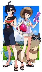 1boy 1girl 9mernn applin ball black_footwear black_hair blue_shorts braid brown_eyes brown_hair brown_hat chimecho cloud commentary_request crossed_bangs day field food fruit fuecoco full_body furret gen_2_pokemon gen_3_pokemon gen_8_pokemon hair_ornament hairclip hat highres holding holding_ball holding_food juliana_(pokemon) kieran_(pokemon) looking_at_viewer mole mole_on_neck mouth_hold nintendo open_mouth outdoors pokemon pokemon_sv purple_hair quaxly sandals shirt shorts sky sprigatito standing sunglasses t-shirt tupet water water_gun watermelon watermelon_slice white_footwear wooper yanma yellow_eyes