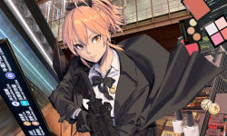 1girl assault_rifle black_coat black_gloves bow bowtie breasts coat comiket_98 cosmetics escalator gloves gun hair_ribbon holding holding_gun holding_weapon idolmaster idolmaster_cinderella_girls idolmaster_shiny_colors jougasaki_mika looking_at_viewer pink_hair ponytail ribbon rifle shirt short_hair solo station upper_body usui_ryuu weapon yellow_eyes