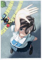 Rule 34 | 1girl, absurdres, arm up, blue bow, blue socks, bow, bowtie, braid, braided ponytail, brown eyes, brown hair, brown shoes, chest bow, chuo tanegashima high school uniform, from above, fukuda tomonori, grass, hand focus, hand on own hip, highres, kneehighs, loafers, long hair, miniskirt, nitroplus, non-web source, official art, one eye closed, outstretched arm, outstretched hand, pleated skirt, ponytail with braided base, robot, robotics;notes, sailor collar, school uniform, senomiya akiho, serafuku, shade, shading eyes, shading face, shadow, shirt, shoes, short sleeves, skirt, smile, socks, solo, standing, sun glare, sunlight, tanegashimachine-3, toy, toy robot, white sailor collar, white shirt
