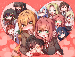1boy 6+girls absurdres aijou_rentarou antenna_hair black_hair black_hood blonde_hair blood blue_eyes blue_hair blush bolo_tie breasts closed_eyes collared_shirt commentary_request drooling eiai_nano food food_on_face green_eyes grey_jacket hanazono_hahari hanazono_hakari haraga_kurumi highres hood hood_up inda_karane jacket kakure_meme kimi_no_koto_ga_dai_dai_dai_dai_daisuki_na_100-nin_no_kanojo lab_coat large_breasts long_bangs long_hair meido_mei mouth_drool multiple_girls neck_ribbon nosebleed nyaa_(nnekoron) ohananomitsu_high_school_uniform ohananomitsu_middle_school_uniform open_mouth orange_hair pink_hair red_eyes red_hair red_ribbon ribbon school_uniform shirt short_hair smile sutou_iku utsukushisugi_mimimi white_shirt yakuzen_kusuri yoshimoto_shizuka