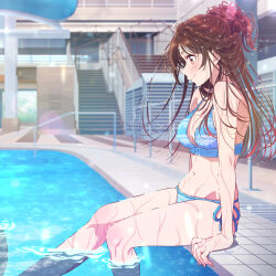 1girl absurdres bare_shoulders bikini blush braid breasts brown_eyes brown_hair highres kanojo_okarishimasu long_hair mizuhara_chizuru official_art pool sitting smile solo swimsuit water