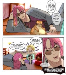 2boys 7aizagatha animal black_eyes blonde_hair cat chain chain_necklace clenched_teeth colored_inner_hair comic commentary diamond_wa_kudakenai diavolo english_text engrish_text formal_clothes frown green_hair highres holding holding_animal holding_cat indian_style jewelry jojo_no_kimyou_na_bouken kira_yoshikage long_hair male_focus multicolored_hair multiple_boys necklace open_mouth photo_background pink_hair ranguage shirt sitting striped_clothes striped_shirt suit sunglasses teeth two-tone_hair vento_aureo vertical-striped_clothes vertical-striped_shirt yokozuwari