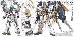 Rule 34 | arm shield, arrow (symbol), bayonet, character name, clenched hand, green eyes, gun, gundam, gundam sandrock custom, gundam wing, gundam wing: endless waltz, highres, holding, holding gun, holding weapon, mecha, mobile suit, multiple views, no humans, raruru, robot, science fiction, thrusters, v-fin, weapon