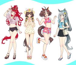 4girls absurdres alternate_costume alternate_hairstyle bikini blue_eyes braid brown_eyes chrono_genesis_(umamusume) closed_mouth collarbone commentary_request curren_bouquetd&#039;or_(umamusume) full_body gran_alegria_(umamusume) hat highres loves_only_you_(umamusume) low_twin_braids multiple_girls one_eye_closed open_mouth red_hair reimei_(hokanko_i) sandals smile standing standing_on_one_leg swimsuit twin_braids umamusume