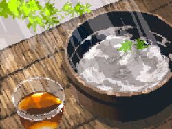 Rule 34 | branch, cup, drinking glass, food, food focus, garnish, highres, hisachan55cute, makisu, no humans, noodles, original, outdoors, pixel art, simple background, soumen, still life, sunlight, tea