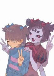 1girl 1other :d alternate_hairstyle arthropod_girl artist_name black_hair black_sclera blue_bow blue_skirt blue_sweater blunt_bangs blush_stickers bob_cut bow bowtie bright_pupils brown_hair closed_mouth colored_sclera colored_skin commentary dark_skin double_horizontal_stripe double_v dress embarrassed extra_arms extra_eyes fangs film_grain frisk_(undertale) front-to-back hair_bow hand_on_another&#039;s_shoulder happy highres insect_girl light_blush light_frown long_sleeves looking_at_viewer muffet open_mouth pink_sweater pleated_skirt puffy_short_sleeves puffy_sleeves purple_skin red_bow red_bowtie red_dress red_eyes short_hair short_sleeves signature simple_background skirt smile spider_girl sweater two-tone_sweater two_side_up undertale upper_body v white_background white_pupils yakitori_tanaka