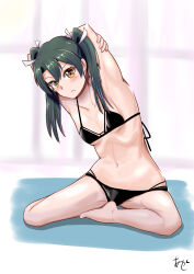 1girl akashieru armpits arms_behind_head artist_logo artist_name barefoot bikini black_bikini breasts full_body green_hair highres kantai_collection logo long_hair navel one-hour_drawing_challenge sitting small_breasts solo stretching swimsuit twintails yellow_eyes zuikaku_(kancolle)