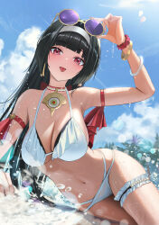 1girl alternate_costume astra_yao bikini black_hair blue_sky bracelet breasts cleavage commentary frilled_thigh_strap hairband highres holding holding_removed_eyewear jewelry large_breasts long_hair looking_at_viewer navel necklace outdoors pearl_necklace red_eyes sky solo stomach sunglasses swimsuit thigh_strap tongue tongue_out torjun_111 unworn_eyewear very_long_hair water white_bikini white_hairband zenless_zone_zero