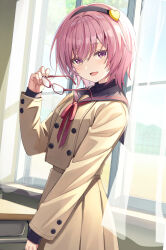 1girl :d alternate_costume black_hairband brown_serafuku brown_shirt brown_skirt commentary_request cowboy_shot curtains day glasses hair_ornament hairband heart heart_hair_ornament highres holding holding_removed_eyewear indoors komeiji_satori long_sleeves looking_at_viewer neck_ribbon open_mouth pink_eyes pink_hair pleated_skirt red_ribbon ribbon school_uniform serafuku shirt short_hair skirt smile solo sunlight touhou unworn_eyewear window yuuka_nonoko