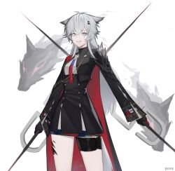 1girl :d aiguillette animal_ears arknights artist_name bajigurr black_gloves black_jacket black_skirt bolo_tie cape cowboy_shot crop_top cropped_jacket crossed_bangs dual_wielding gloves grey_eyes grey_hair grey_tail grin hair_between_eyes hair_ornament hairclip high-waist_skirt highres holding holding_weapon jacket lappland_(arknights) lappland_the_decadenza_(arknights) long_hair long_sleeves material_growth open_mouth oripathy_lesion_(arknights) red_cape scar scar_across_eye scar_on_face shirt signature simple_background skirt smile solo standing tail weapon white_background white_shirt wolf_ears wolf_girl wolf_tail