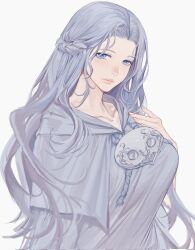 17171771_4u 1girl blue_eyes braid drawstring final_fantasy final_fantasy_xiv grey_hair grey_robe half_up_braid hand_on_own_chest highres looking_at_viewer mask mask_around_neck robe simple_background solo sophist&#039;s_robe_(ff14) unworn_mask upper_body venat_(ff14) white_background