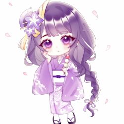 Rule 34 | 1girl, absurdres, alternate costume, blunt bangs, blush, braid, cherry blossoms, chewing, chibi, chibi inset, chinese commentary, closed mouth, dango, eating, falling petals, fan hair ornament, flower, flower ornament, food, genshin impact, hair flower, hair ornament, hair ribbon, hand on own cheek, hand on own face, head tilt, highres, holding, holding food, japanese clothes, kimono, long braid, long hair, long sleeves, looking at viewer, mole, mole under eye, multicolored hair, naixiongpaimusi, petals, purple eyes, purple hair, purple kimono, purple ribbon, raiden shogun, ribbon, sash, simple background, single braid, socks, solo, standing, streaked hair, wagashi, white background, white socks, wide sleeves