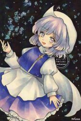 Rule 34 | 1girl, apron, artist name, commentary, cryokinesis, dated, hashtag-only commentary, hat, highres, ice, lapel pin, letty whiterock, long sleeves, maa (forsythia1729), open mouth, purple eyes, purple hair, purple skirt, purple vest, scarf, skirt, smile, solo, touhou, traditional media, twitter username, vest, waist apron, watermark, white apron, white scarf