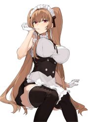 1girl aiko_(kanl) alternate_costume apron azur_lane bare_shoulders biting biting_glove black_dress black_thighhighs breasts brown_hair commentary_request dress frilled_dress frills glove_pull gloves hand_up highres invisible_chair large_breasts long_hair looking_at_viewer maid maid_apron maid_headdress meme_attire mole mole_under_mouth red_eyes simple_background sitting sleeveless sleeveless_dress solo swiftsure_(azur_lane) thighhighs twintails twitter_username very_long_hair virgin_killer_outfit waist_apron white_background white_gloves