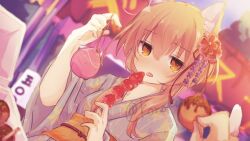 Rule 34 | 1girl, animal ears, brown eyes, brown hair, candy, cat ears, cat girl, festival, food, hair ornament, iris mysteria!, japanese clothes, jitome, kimono, konoquro, laura kelyrie, looking at viewer, open mouth, takoyaki, tongue, tongue out, upper body, water yoyo