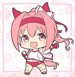 1girl :d alternate_hairstyle animal_ears bow buruma chibi clenched_hand fingerless_gloves floating_hair floral_background gloves hair_bow hairband haru_urara_(umamusume) horse_ears horse_girl horse_tail jacket kiikii_(kitsukedokoro) long_hair long_sleeves navel open_mouth pink_buruma pink_hair pink_hairband pink_tail ponytail purple_eyes shirt shoes smile socks solo striped_clothes striped_socks tail umamusume white_bow white_jacket white_shirt white_shoes