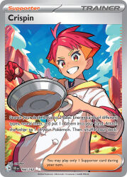 1boy ahoge artist_name blue_sky card_(medium) character_name cloud company_name copyright_name copyright_notice crispin_(pokemon) day english_text eyelashes frying_pan gloves holding holding_frying_pan king_gidora male_focus mismatched_eyebrows multicolored_hair neckerchief nintendo official_art orange_hair outdoors partially_fingerless_gloves pokemon pokemon_card pokemon_sv pokemon_tcg red_gloves red_hair red_pupils short_hair short_sleeves single_glove sky smile solo teeth third-party_source trading_card two-tone_hair yellow_eyes yellow_neckerchief