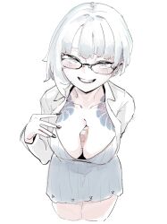 1girl absurdres between_breasts black_nails breasts cleavage earrings gift glasses grey_eyes grey_skirt hand_up highres jewelry large_breasts leaning_forward medium_hair original simple_background sketch skirt smile tattoo thighs_together white_background zetc_g