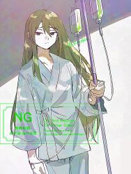 1boy brown_eyes giovanni_(project_moon) green_hair grey_background intravenous_drip japanese_clothes kimono lobotomy_corporation long_hair long_sleeves looking_at_viewer male_focus medu_(rubish) pants project_moon shirt simple_background solo standing upper_body white_background white_pants white_shirt