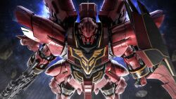 Rule 34 | absurdres, artist request, asteroid, beam rifle, clenched hand, company name, copyright notice, emblem, energy gun, gundam, gundam battle operation 2, gundam unicorn, highres, holding, holding weapon, looking at viewer, machinery, mecha, mecha focus, mobile suit, nebula, neo zeon, no humans, official art, realistic, robot, roundel, science fiction, shield, sinanju, solo, space, star (sky), sunrise (company), thrusters, weapon
