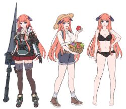 1girl :d ;d absurdres arknights bagpipe_(arknights) bare_arms bare_legs bare_shoulders barefoot basket black_bra black_footwear black_gloves black_panties black_skirt blue_shorts bow bow_bra bow_panties bra breasts brown_footwear brown_headwear brown_thighhighs carrot cleavage closed_mouth collarbone collared_shirt commentary_request dress_shirt food food_request gloves gongbangmanchi_(daisy_cutter) green_jacket grey_socks hand_on_own_hip hat highres holding holding_basket holding_food horns jacket korean_commentary lance long_hair medium_breasts multiple_views navel one_eye_closed open_mouth orange_hair panties polearm purple_eyes shirt shoes short_shorts shorts simple_background skirt smile socks straw_hat suspender_shorts suspenders thighhighs tomato underwear underwear_only very_long_hair weapon white_background white_shirt