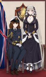 2girls absurdres alternate_costume arm_cutout azur_lane belt belt_buckle between_breasts black_shoes blue_necktie breasts brown_hair brown_sandals buckle buttons chair cleavage commander_(azur_lane) commentary commission curly_hair double-breasted dress dress_pants earrings emblem english_commentary epaulettes female_commander_(azur_lane) formidable_(azur_lane) frilled_dress frilled_jacket frills full_body gloves grey_hair hair_ornament hair_ribbon hair_spread_out hat high_heels highres jacket jewelry lapels large_breasts long_hair long_sleeves looking_at_viewer low_twintails medal medium_breasts medium_hair military military_dress_uniform military_hat military_jacket military_uniform multiple_girls naval_dress_uniform naval_uniform necktie necktie_between_breasts notsushi own_hands_together oxfords pantyhose peaked_cap portrait red_eyes ribbon ribbon_bar royal_navy_emblem_(azur_lane) sandals shirt shoes sitting smile teeth twintails two-tone_ribbon union_jack very_long_hair white_gloves white_pantyhose white_shirt yellow_eyes