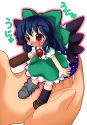 1girl arm_cannon asymmetrical_clothes asymmetrical_footwear bad_id bad_pixiv_id black_hair blush cape chibi female_focus in_palm mini_person minigirl mismatched_footwear reiuji_utsuho shinjitsu solo solo_focus touhou unyu weapon wings