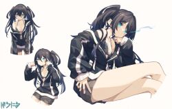 Rule 34 | 1girl, baronilu, bikini, bikini top only, bikini under clothes, black bikini, black bra, black hair, black jacket, black rock shooter, black rock shooter (character), black shorts, blue eyes, bra, breasts, cleavage, closed mouth, cropped legs, crossed legs, flaming eye, hair between eyes, highres, jacket, long hair, long sleeves, looking at viewer, multiple views, no shirt, off shoulder, partially unzipped, shorts, simple background, sitting, small breasts, swimsuit, twintails, underwear, white background, zipper pull tab