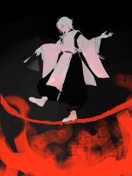 Rule 34 | 1girl, balancing, cerevevisiae, closed mouth, commentary, expressionless, fire, folding fan, full body, hand fan, highres, holding, holding fan, japanese clothes, kariginu, kimono, limited palette, looking down, miyako yoshika, miyako yoshika (living), purple eyes, ribbon-trimmed sleeves, ribbon trim, short hair, solo, tabi, tightrope, touhou, wide sleeves