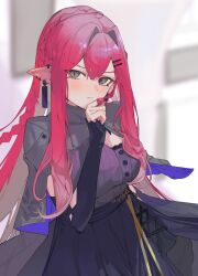 1girl absurdres baobhan_sith_(fate) baobhan_sith_(second_ascension)_(fate) black_skirt blush breasts caat106 capelet detached_sleeves ear_piercing earrings fate/grand_order fate_(series) grey_capelet grey_eyes hand_up highres jewelry long_hair looking_at_viewer piercing pink_hair pointy_ears purple_shirt shirt sidelocks skirt solo
