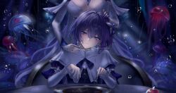 2girls absurdres aged_down blade_to_throat blue_eyes breasts bubble cantarella_(wuthering_waves) chinese_commentary collar colored_tears commentary_request dual_persona earrings fingernails fork hair_between_eyes hand_on_another&#039;s_head highres holding holding_fork holding_knife jellyfish jewelry knife large_breasts long_hair multiple_girls nail_polish plate purple_hair purple_nails sameaki short_hair sitting time_paradox very_long_hair white_collar wuthering_waves