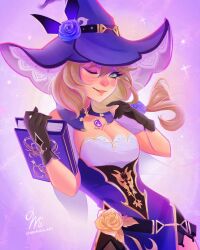 Rule 34 | 1girl, artist name, belt, belt buckle, black belt, black gloves, book, breasts, bright pupils, brown hair, buckle, chibimica, cleavage, closed mouth, collar, cowboy shot, detached collar, dress, eyelashes, eyeshadow, floating hair, flower, gem, genshin impact, gloves, gold buckle, gold necklace, green eyes, hair between eyes, hair flower, hair ornament, happy, hat, hat belt, hat flower, heart, heart-shaped pupils, highres, holding, holding book, jewelry, lace-trimmed headwear, lace trim, light blush, light particles, lipstick, lisa (genshin impact), long hair, looking at viewer, low-tied long hair, low neckline, makeup, necklace, nostrils, one eye closed, pink lips, procreate (medium), purple background, purple collar, purple dress, purple eyeshadow, purple flower, purple gemstone, purple hat, purple rose, rose, shirt, shirt under shirt, short dress, short sleeves, single bare shoulder, single sleeve, smile, solo, sparkle, strapless, strapless shirt, studded belt, symbol-shaped pupils, vision (genshin impact), watermark, white pupils, white shirt, witch, witch hat