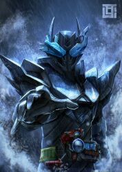 1boy absurdres armor belt black_armor black_bodysuit blue_eyes bodysuit build_driver compound_eyes fullbottle gloves glowing hazard_trigger helmet highres jet_fullbottle kamen_rider kamen_rider_build kamen_rider_build_(series) kozsen_810290 kujira_fullbottle looking_at_viewer male_focus rider_belt shoulder_armor solo standing tokusatsu whale