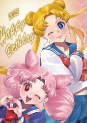 Rule 34 | 1girl, absurdres, bishoujo senshi sailor moon, blonde hair, blue eyes, blue sailor collar, bow, chibi usa, cone hair bun, double bun, hair bun, heart, heart hands, highres, juuban elementary school uniform, juuban middle school uniform, katt sun, lips, long hair, looking at viewer, one eye closed, pink hair, red bow, red eyes, sailor collar, school uniform, smile, tsukino usagi, twintails, very long hair