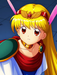 1girl akazukin_chacha bishoujo_senshi_sailor_moon bishoujo_senshi_sailor_moon_s blonde_hair cape chacha_(akazukin_chacha) choker collarbone commentary_request derivative_work floor head_wings highres long_hair magical_princess meme mimimix parody red_eyes sailor_moon_redraw_challenge_(meme) solo sweat tiara upper_body wings