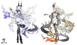 Rule 34 | 2girls, absurdres, arknights, black gloves, black horns, black tail, black thighhighs, blonde hair, blue eyes, brown pantyhose, chinese commentary, commentary request, dated, dress, fire, flame-tipped tail, floating hair, flower, full body, gloves, grin, hair flower, hair ornament, hair over one eye, highres, horns, jewelry, long hair, long sleeves, looking at another, looking at viewer, multiple girls, necrass (arknights), one eye covered, pantyhose, profile, purple fire, reed (arknights), reed the flame shadow (arknights), ring, siblings, sikadi shigaoshou, simple background, sisters, smile, standing, tail, thighhighs, torn clothes, torn thighhighs, very long hair, white background, white dress, white flower, white hair