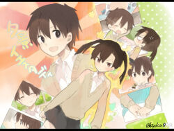 1boy 1girl anger_vein black_eyes black_hair blush bright_pupils brown_cardigan cardigan close-up closed_eyes closed_mouth collage_background collared_shirt commentary cowboy_shot curtained_hair double-parted_bangs enomoto_takane facing_viewer food green_background hair_between_eyes heart holding holding_food holding_hands holding_skewer kagerou_project kokonose_haruka kyokutsuki letterboxed long_sleeves looking_at_another looking_at_viewer mole mole_under_eye multicolored_background open_collar open_mouth pink_background pleated_skirt polka_dot polka_dot_background red_background school_uniform shirt skewer skirt song_name star_(symbol) sunburst sunburst_background sweat twintails upper_body variations white_pupils white_shirt yakitori yuukei_yesterday_(vocaloid)