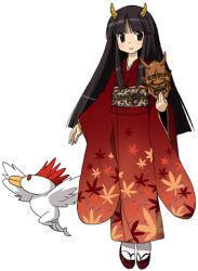 1girl 2channel bad_source black_hair brown_eyes closed_mouth commentary_request hannya hinomoto_oniko holding holding_mask horns japanese_clothes kimono leaf_print long_hair long_sleeves lowres maple_leaf_print mask maso_(ascii_art) noh_mask obi obiage obijime okobo oni platform_sandals print_kimono red_kimono sandals sash sidelocks simple_background smile socks standing tabi white_background white_socks wide_sleeves yellow_horns
