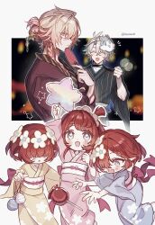 Rule 34 | 2boys, 3girls, ahoge, alternate costume, blonde hair, candy apple, commentary request, cross-shaped pupils, dropping, floral print, flower, food, hair flower, hair ornament, hair over one eye, head wreath, highres, honkai: star rail, honkai (series), japanese clothes, kimono, lilaclilac00, mask, mask on head, multiple boys, multiple girls, mydei (honkai: star rail), neck tattoo, phainon (honkai: star rail), pink kimono, pointy ears, purple kimono, red hair, red tattoo, short hair, symbol-shaped pupils, tattoo, trianne (honkai: star rail), tribbie (honkai: star rail), trinnon (honkai: star rail), triplets, twitter username, white hair, yellow kimono