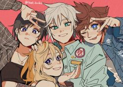 2boys 2girls black_hair blonde_hair blue_eyes brown_hair commentary denim denim_jacket earrings english_commentary green_eyes grey_hair grin hand_on_another&#039;s_head hat_babo jacket jewelry kingdom_hearts multiple_boys multiple_girls namine necklace riku_(kingdom_hearts) shirt short_hair smile sora_(kingdom_hearts) spiked_hair tank_top tongue tongue_out v xion_(kingdom_hearts)