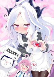 1boy 2girls apron black_thighhighs blue_archive blush demon_girl demon_horns demon_wings doodle_sensei_(blue_archive) halo heart heart_hands highres hina_(blue_archive) horns hoshino_(blue_archive) long_hair looking_at_viewer maid maid_apron maid_headdress multiple_girls pink_hair pink_halo purple_eyes school_uniform sensei_(blue_archive) shi_ecchi thighhighs white_hair wings
