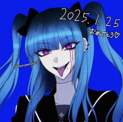 1girl 2025 amemiya_darumi black_hair blood bloody_tears blue_background blue_hair bow dated eyelashes face_piercing female_focus hair_bow heart highres japanese_text last_defense_academy_school_uniform lip_piercing long_hair looking_at_viewer open_mouth piercing pink_eyes simple_background solo solo_focus teeth the_hundred_line_-last_defense_academy- tongue tongue_out twintails upper_teeth_only