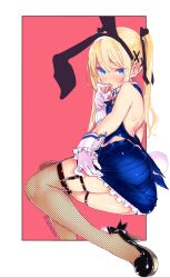 1girl animal_ears ask02 ass bare_shoulders biting biting_glove blonde_hair blue_eyes blush dead_or_alive dead_or_alive_5 fake_animal_ears female_focus fishnet_thighhighs fishnets gloves hair_ribbon highres long_hair looking_at_viewer marie_rose midriff rabbit_ears rabbit_tail ribbon solo tail thighhighs white_gloves wrist_cuffs