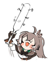 arm_up baseball_bat black_gloves black_hair brown_capelet brown_hair capelet crossed_bangs eus_ing feather_hair_ornament feathers gloves hair_between_eyes hair_ornament holding holding_baseball_bat holding_weapon hololive hololive_english long_sleeves lowres motion_lines multicolored_hair nanashi_mumei no_pupils scowl shirt simple_background spiked_bat streaked_hair virtual_youtuber weapon white_background white_hair white_shirt