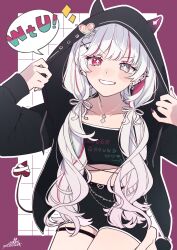 1girl absurdres black_jacket black_shorts blush clenched_teeth collarbone commentary crop_top ear_piercing earrings hair_ornament hairclip heterochromia highres hood hood_up hooded_jacket ishigami_nozomi ishigami_nozomi_(2nd_costume) jacket jewelry kashikaze long_hair long_sleeves looking_at_viewer low_twintails midriff multicolored_hair necklace nijisanji official_alternate_costume piercing purple_background red_hair shorts signature smile solo star-shaped_pupils star_(symbol) streaked_hair symbol-shaped_pupils teeth thigh_strap twintails virtual_youtuber white_background white_hair zipper zipper_pull_tab